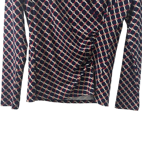 Talbots Blouse Women’s Medium Blue Red White Faux Wrap Stretch Americana NWT - Picture 3 of 6